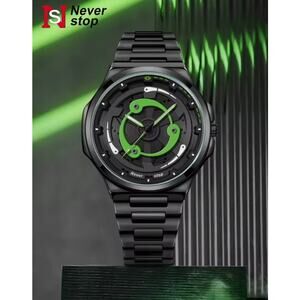 Green and Black Watch Never Stop Metal Spinning Timepiece
